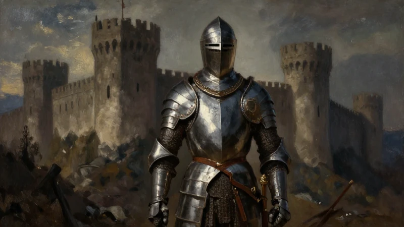 Caballeros cruzados, castillo, pintura dramática heroica