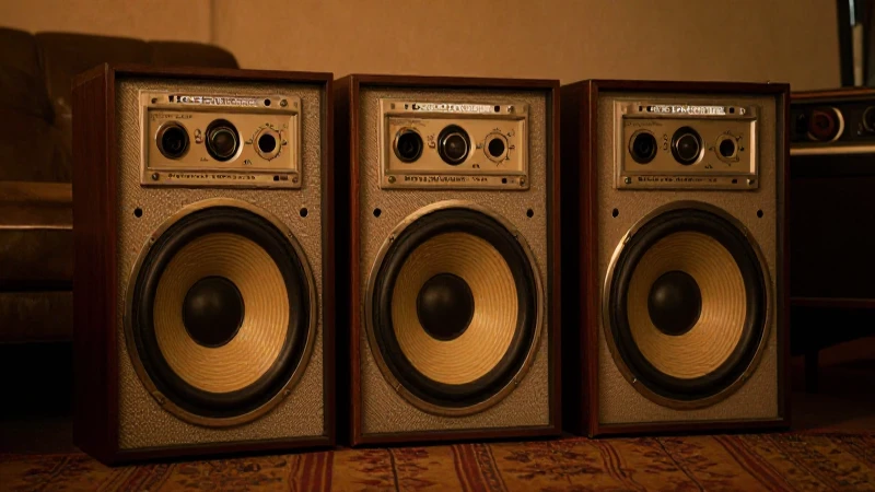 Subwoofers antiguos iluminan cálida sala de cine