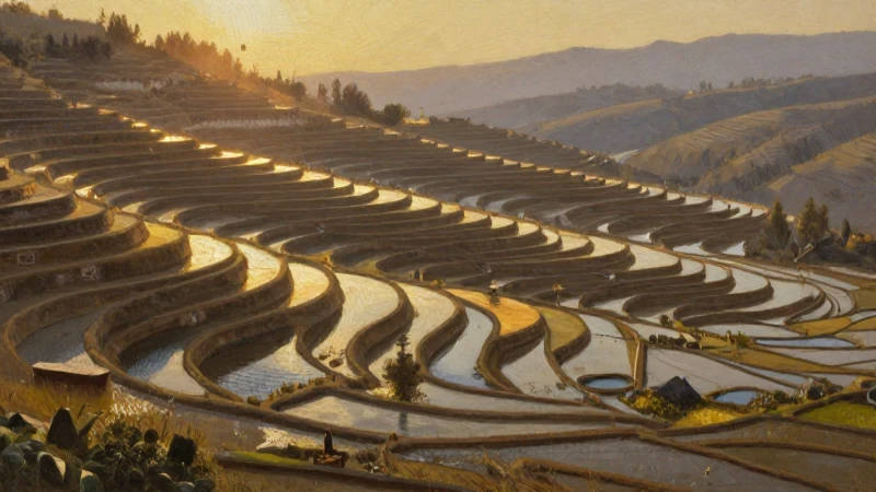 Línea del Tiempo de las Primeras Civilizaciones Agrícolas 3 Terrazas antiguas resplandecen al atardecer
