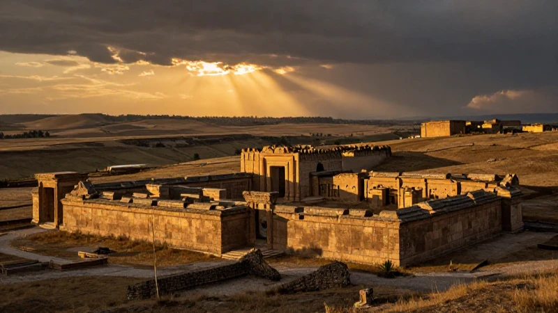 Ruinas antiguas bajo luz dorada dramática