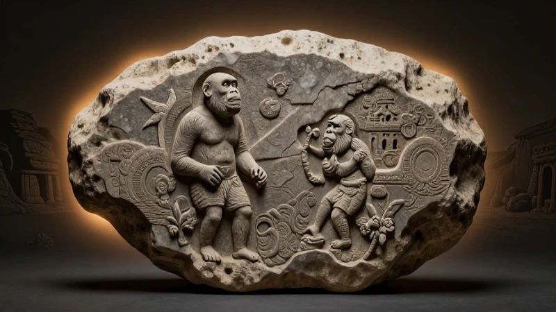 Las Primeras Herramientas: Línea de Tiempo de la Antigüedad 3 Herramienta de piedra, homínido antiguo, paisaje realista
