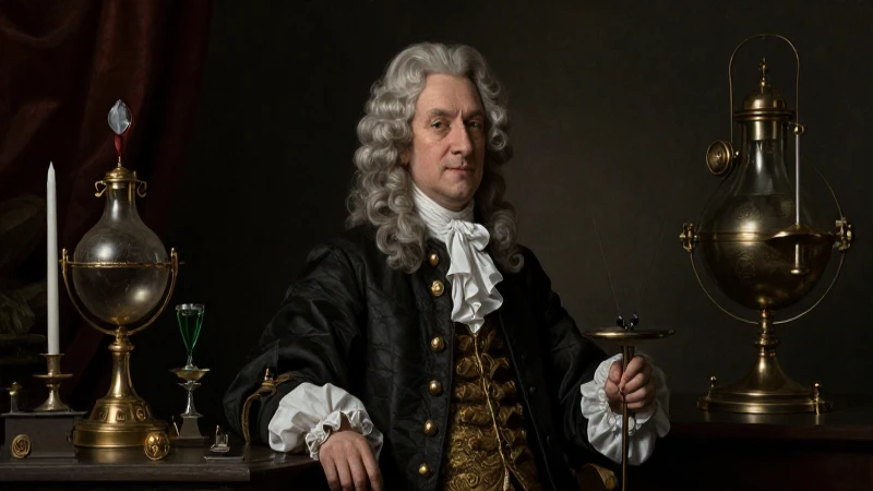 Retrato barroco de Euler con instrumentos científicos