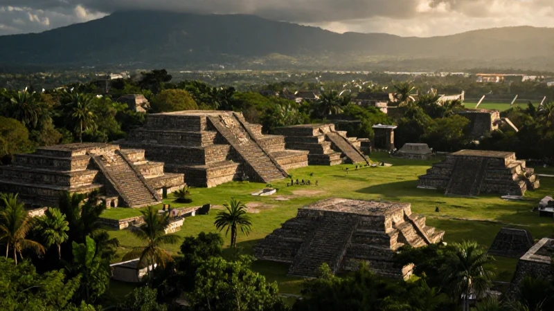 Pirámides mayas bajo luz dramática