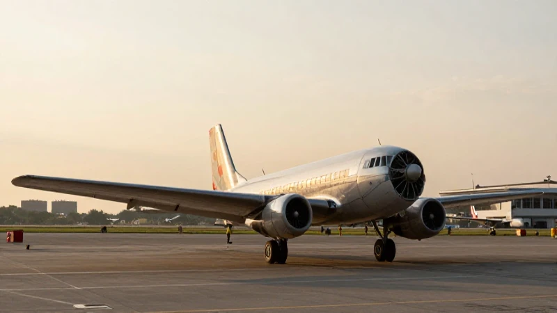 Avión antiguo en pista al atardecer