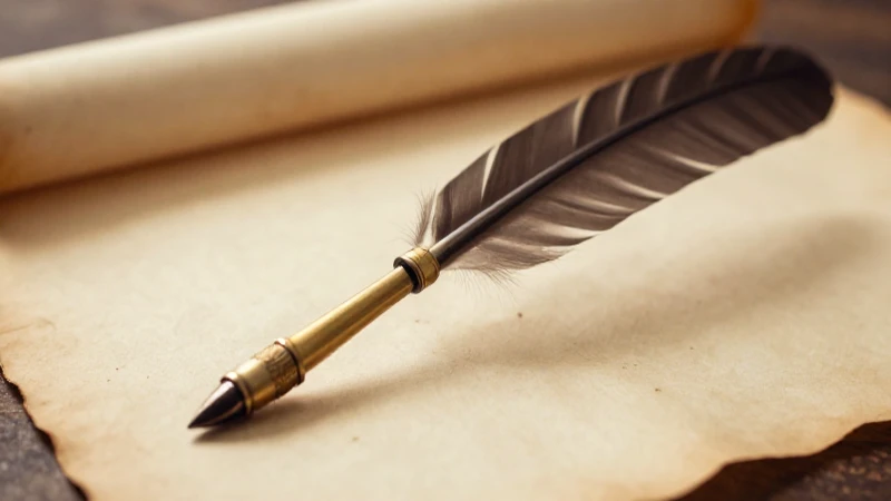 Pluma antigua sobre pergamino, luz cálida y vintage