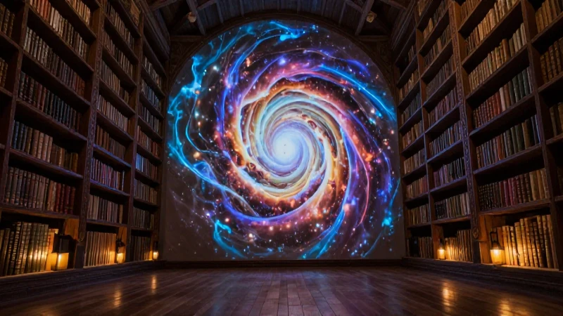 Cómo ha evolucionado el pensamiento filosófico con el tiempo 9 Biblioteca antigua con nebulosas proyectadas e iluminación espectral