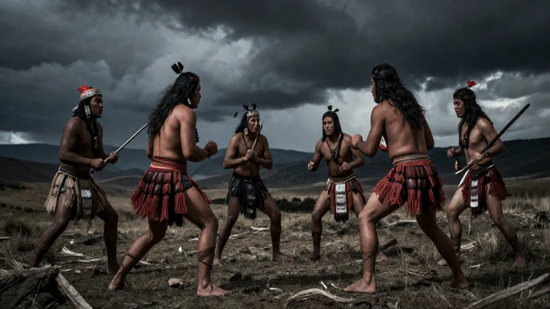 Línea de tiempo de la conquista del Perú 5 Guerreros incas luchan bajo cielo tormentoso