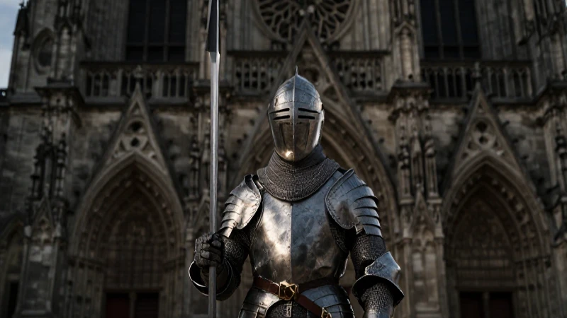 Caballero medieval, catedral gótica, luz dramática