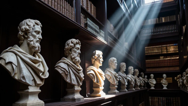 Cuál es la línea de tiempo de la filosofía griega 8 Biblioteca antigua con sombras dramáticas y bustos