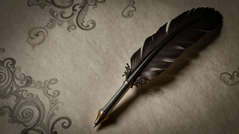 Pluma antigua sobre papel oscuro y dramático