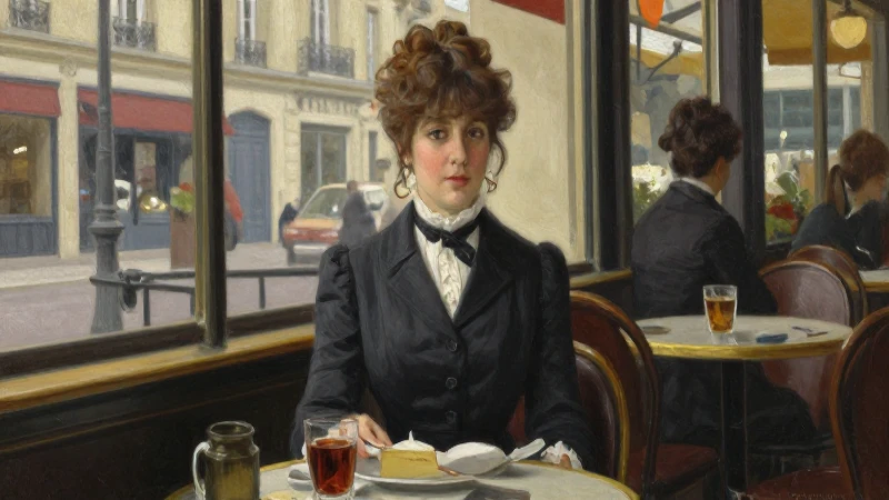 Mujer victoriana en café parisino realista