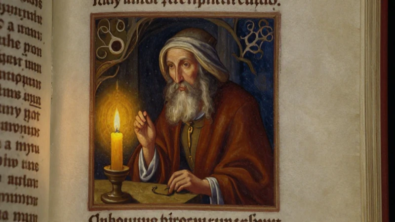Manuscrito iluminado bajo cálida luz medieval