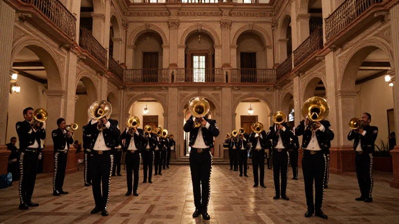 Línea de tiempo de la música: evolución histórica en México 4 Banda mexicana en salón colonial iluminado