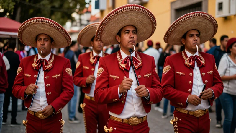 Línea de tiempo de la música: evolución histórica en México 8 Mariachis en la calle con luz cálida
