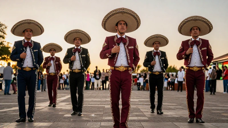 Línea de tiempo de la música: evolución histórica en México 6 Mariachis con trajes vibrantes bajo la luz dorada