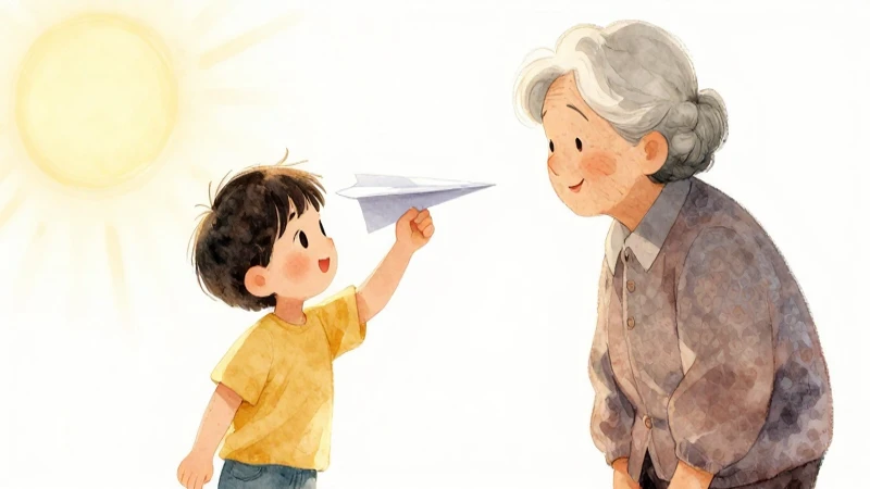 Resumen: Ciclo vital en una línea de tiempo 8 Niño, anciana y avión de papel, cálido