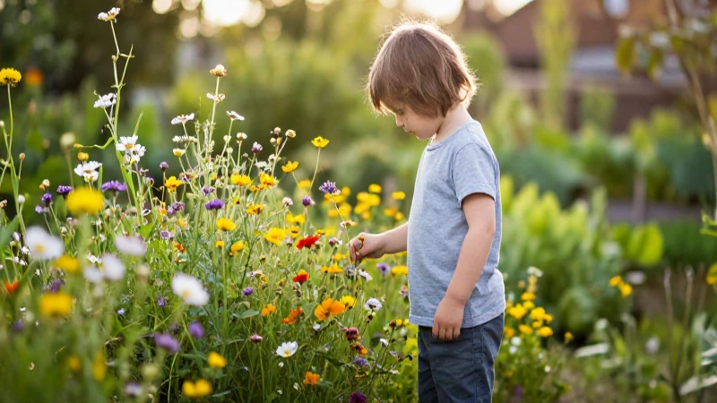 Resumen: Ciclo vital en una línea de tiempo 5 Niño explora jardín salvaje a la luz dorada