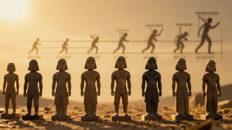Figuras humanas antiguas con tecnología dorada al fondo