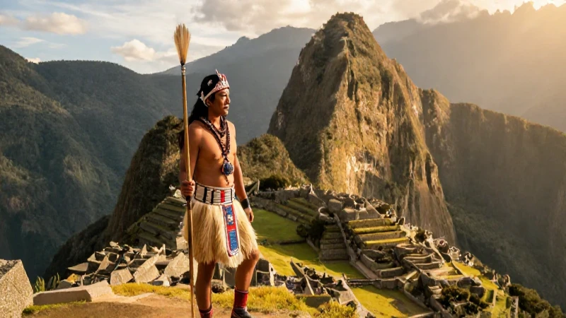 Cuál es la línea de tiempo de la historia del Perú 10 Guerrero inca en Machu Picchu al atardecer