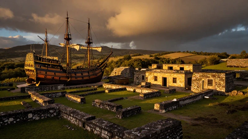 Ruinas incas, galeón español, luz dorada dramática