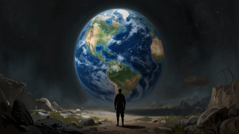 Tierra antigua con figura humana iluminada dramáticamente
