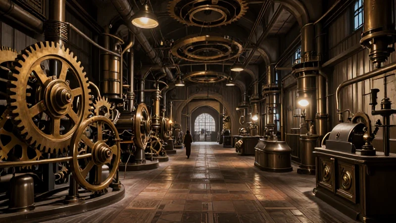 Fábrica steampunk con iluminación dramática y épica