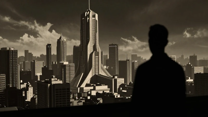 Silueta humana observa ciudad futurista retro