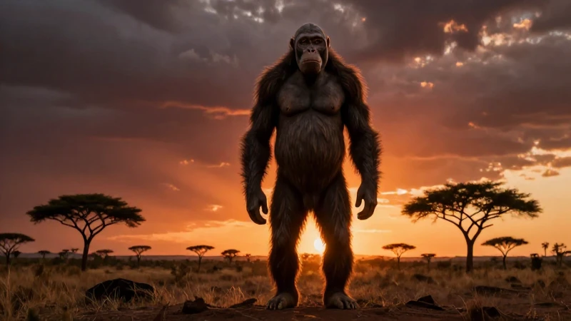 Atardecer savana: Homo erectus a la luz