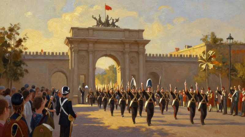 Ejército victorioso entra a la ciudad al atardecer