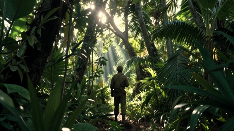 Soldado americano en jungla, luz dramática