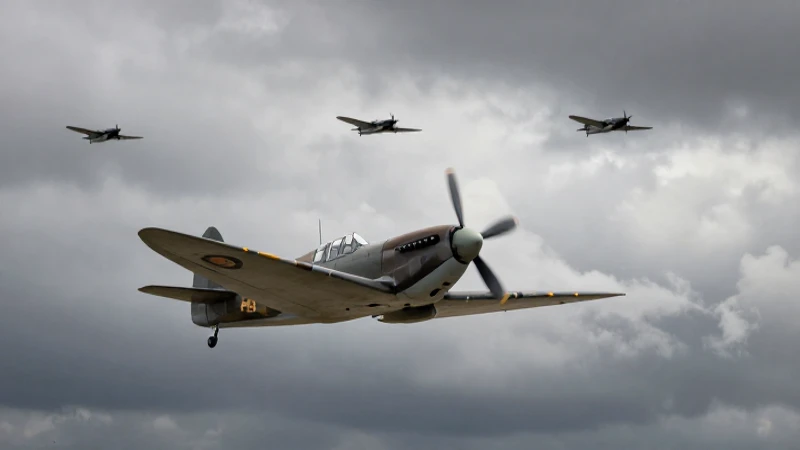 Caza Spitfire bajo bombardeo en cielo nublado