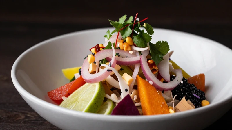 Ceviche peruano, vibrante e iluminado