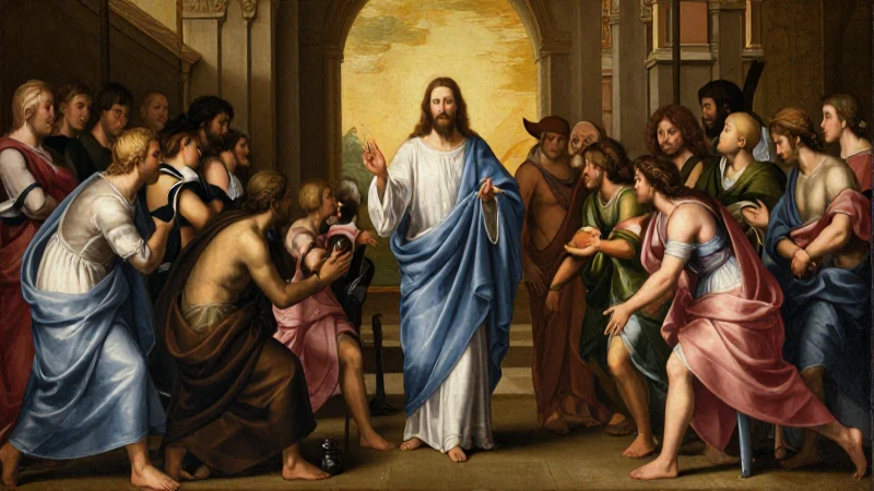 Jesús predica bajo luz dorada renacentista