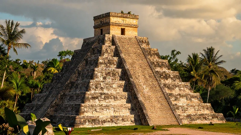 Línea del tiempo arquitectura: evolución y hitos en México 8 Pirámide antigua, vegetación exótica, luz dorada, panorama