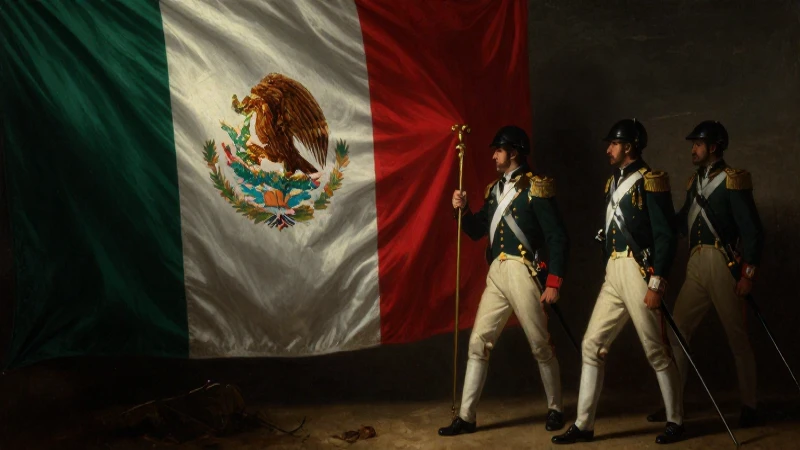 Pintura histórica con soldados franceses y bandera mexicana