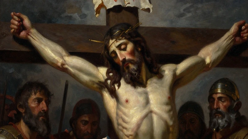Cristo crucificado, soldados romanos, dramatismo intenso