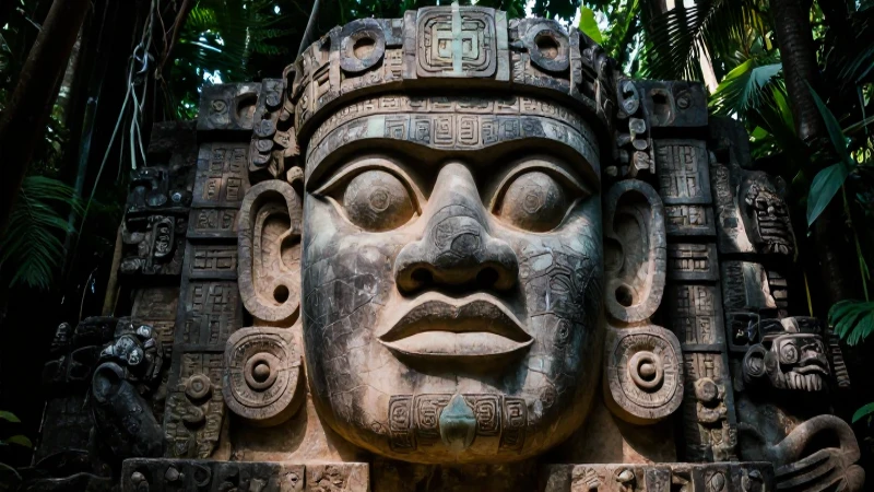 Evolución histórica de las culturas mesoamericanas en México 3 Cabeza olmeca imponente entre ruinas antiguas