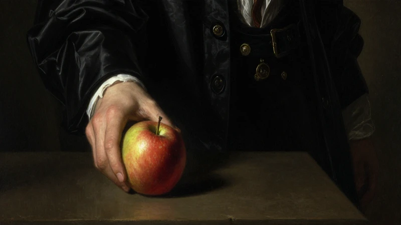 Cuáles son los hitos y descubrimientos clave de Newton 7 Retrato de Newton, manzana y claroscuro dramático