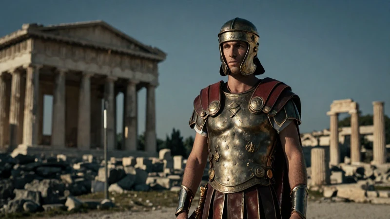 Legionario romano frente a ruinas griegas