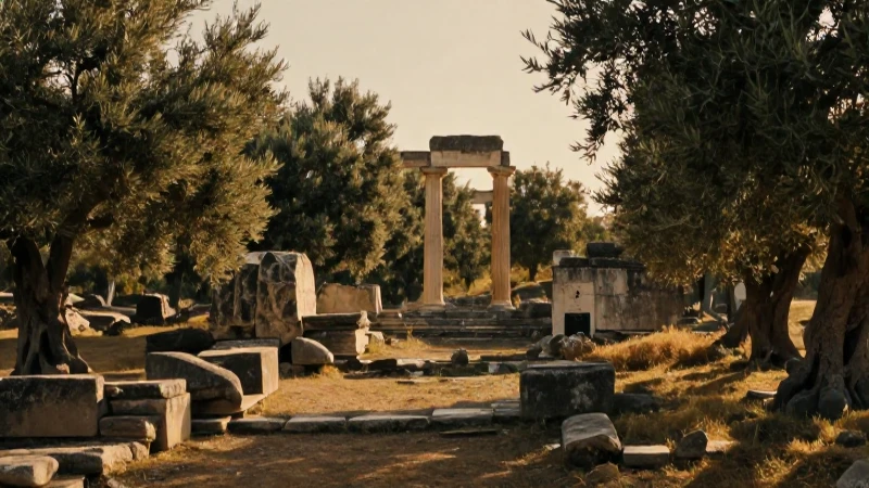 Ruinas griegas bañado por luz dorada