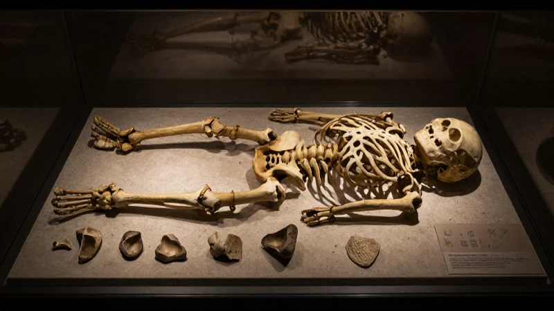 Cuál es la evolución y línea del tiempo de la antropología 3 Esqueleto antiguo iluminado con dramatismo histórico