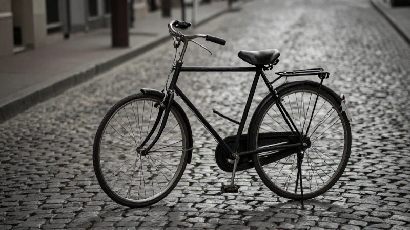 Bicicleta antigua en calle empedrada, luz suave