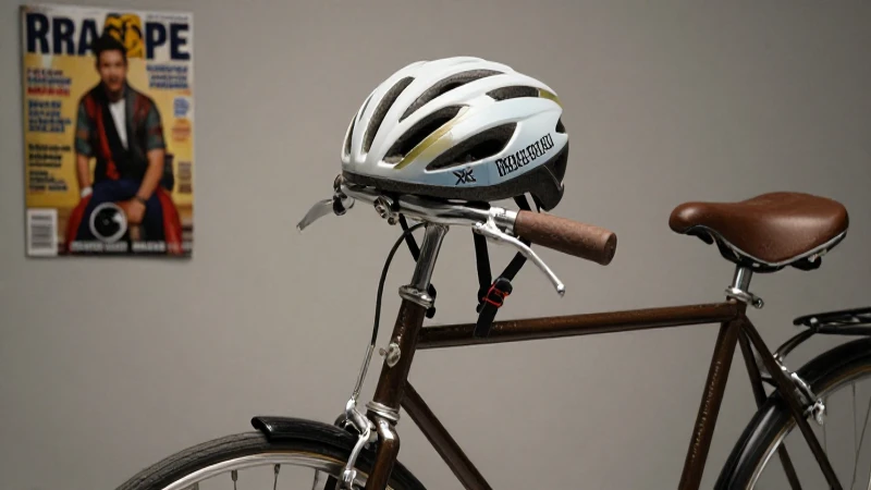 Bicicleta antigua con casco futurista y luz suave