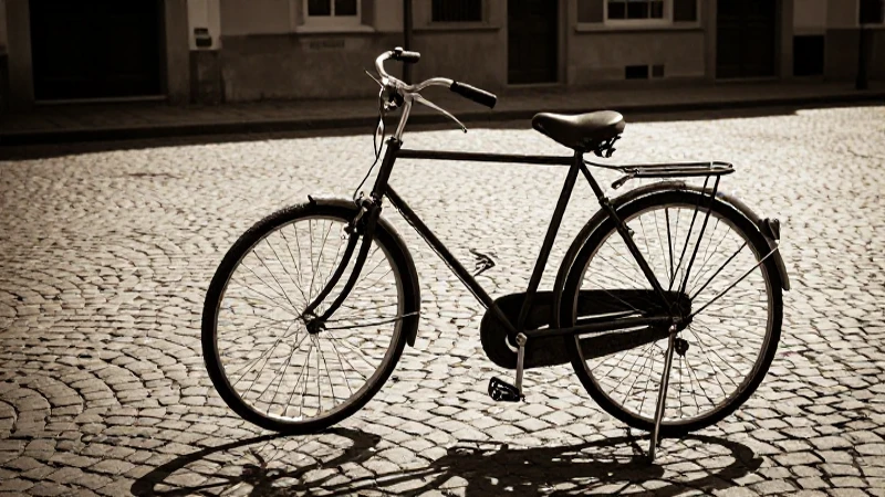Bicicleta antigua en calle empedrada sepia