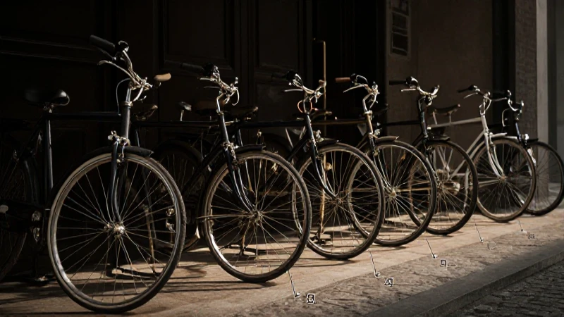 Bicicletas antiguas, iluminación dramática, composición cinematográfica