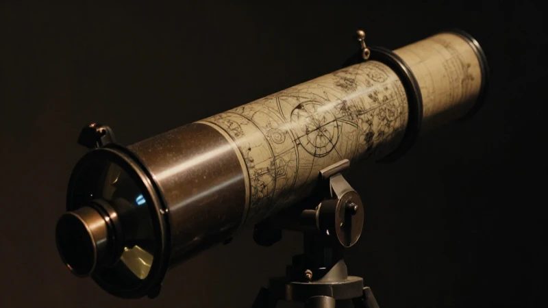 Telescopio antiguo, cielo, luz dramática, primer plano