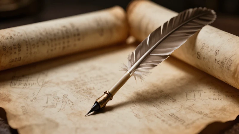 Pergamino antiguo, pluma y claroscuro dramático