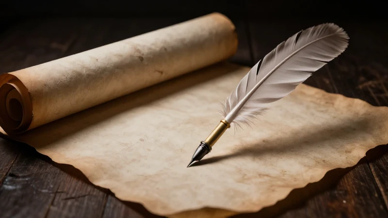 Pergamino antiguo con pluma a la luz
