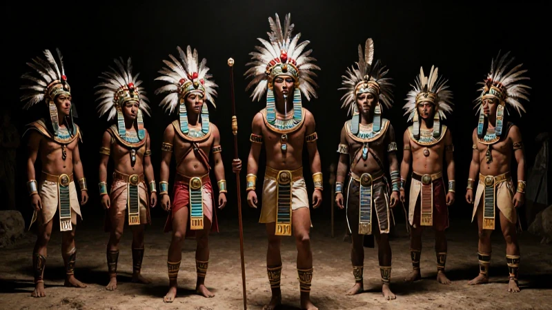 Guerreros aztecas bajo luz dramática cinematográfica