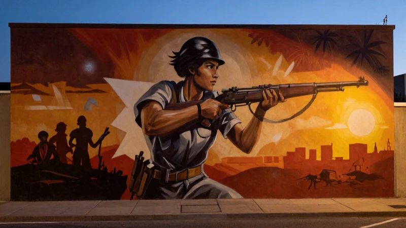 Mujer revolucionaria, fusil al atardecer, mural amplio